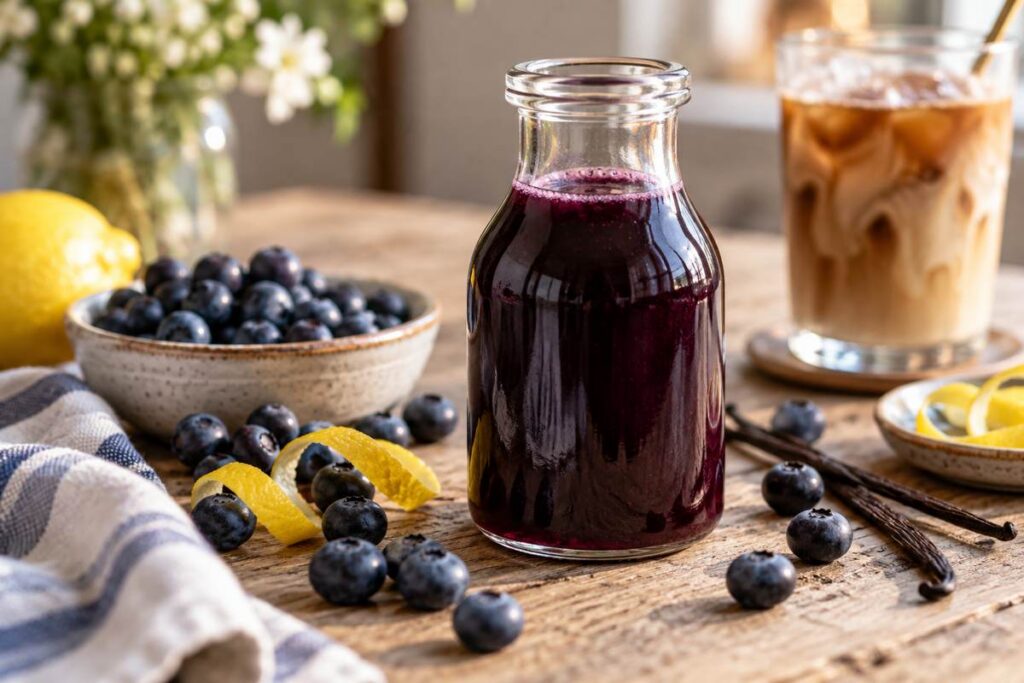 Blueberry Coffee Recipe: Easy Iced Blueberry Latte With Homemade Syrup 5 Homemade blueberry syrup for coffee in a glass bottle with fresh blueberries