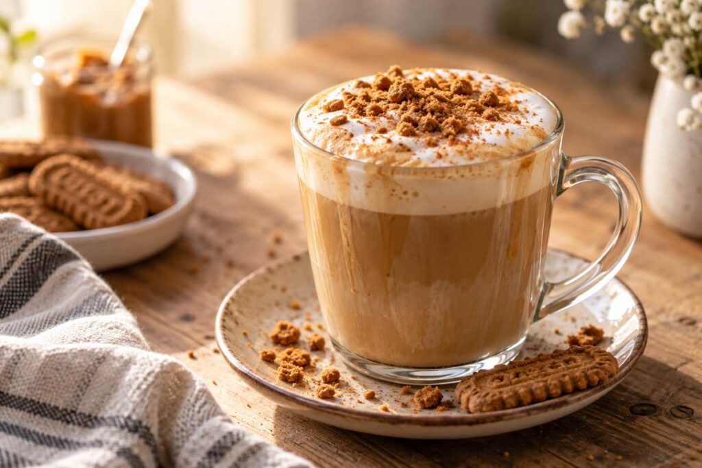 Biscoff Latte Recipe: Easy Hot or Iced Coffeehouse-Style Latte 6 Hot Biscoff latte topped with milk foam and cookie crumbs