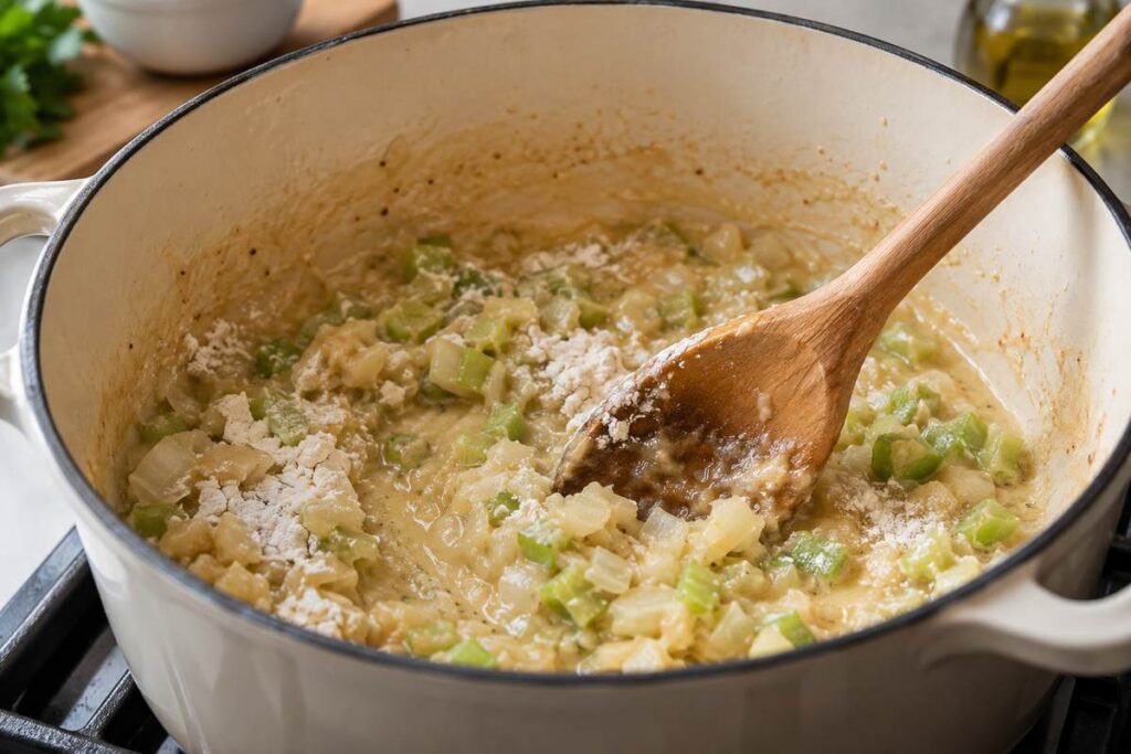 Clam Chowder Recipes: Creamy New England-Style Chowder 4 Flour being stirred into butter onion and celery to make a roux for clam chowder