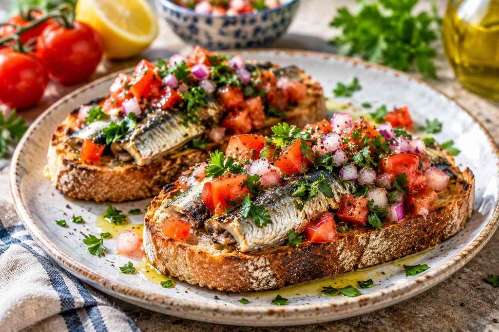 Sardine Toast Recipes: 5 Easy High-Protein Ideas 4 Mediterranean sardine toast with diced tomatoes red onion parsley and lemon