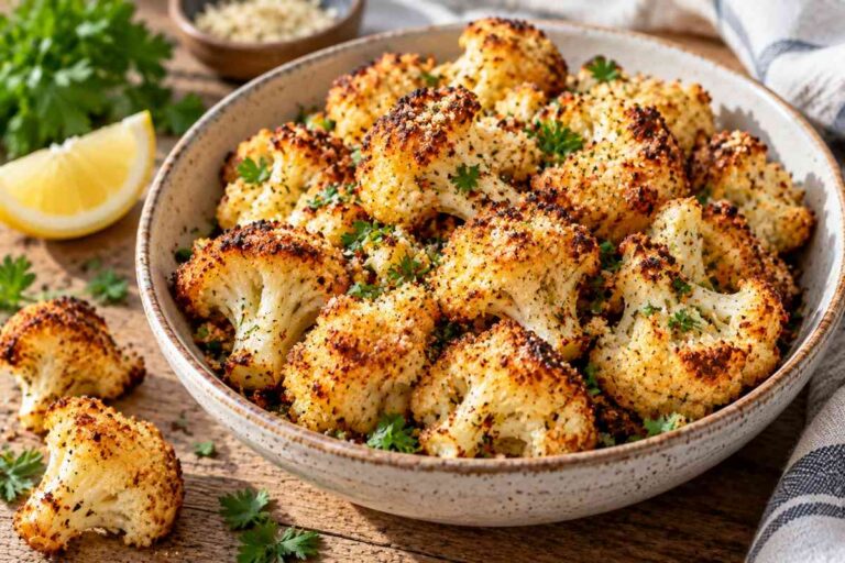 Oven roasted cauliflower with garlic Parmesan lemon and parsley served in a rustic bowl