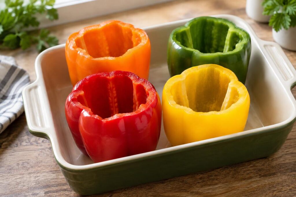 Stuffed Peppers With Ground Beef: Easy Oven-Baked Dinner Recipe 2 Stuffed Peppers With Ground Beef - Bell peppers with tops removed and seeds cleaned out ready for ground beef filling
