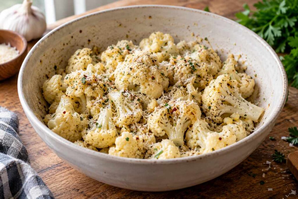 Oven Roasted Cauliflower Recipes: Crispy Garlic Parmesan Cauliflower 4 Seasoned cauliflower florets coated with grated Parmesan before oven roasting