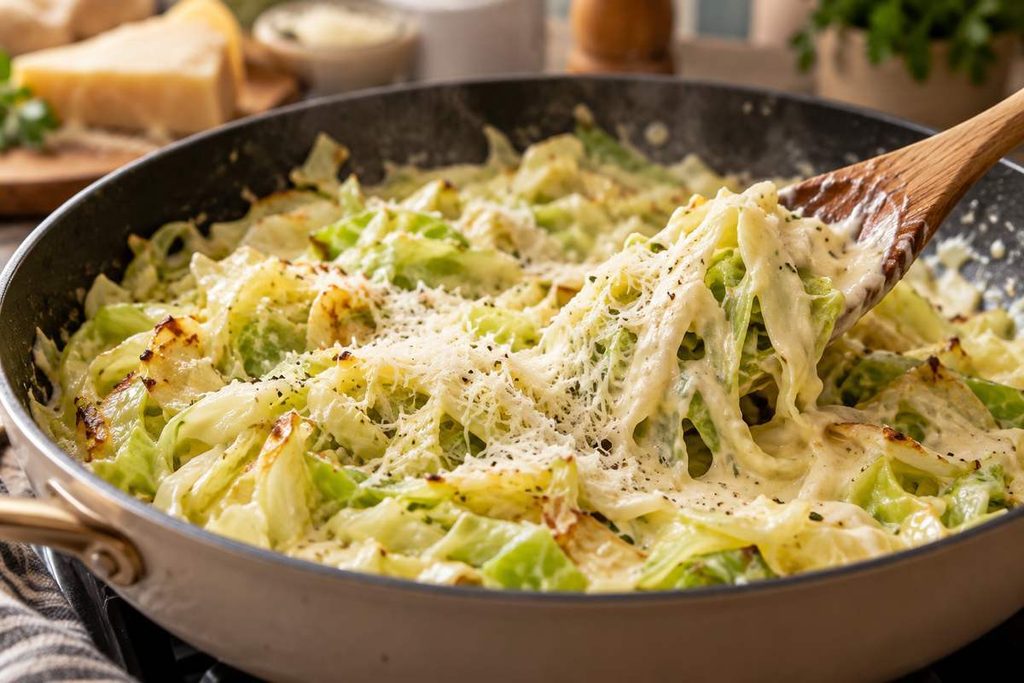 Cabbage Alfredo: Creamy Garlic Parmesan Cabbage Skillet 6 Grated Parmesan melting into creamy cabbage Alfredo sauce in a skillet