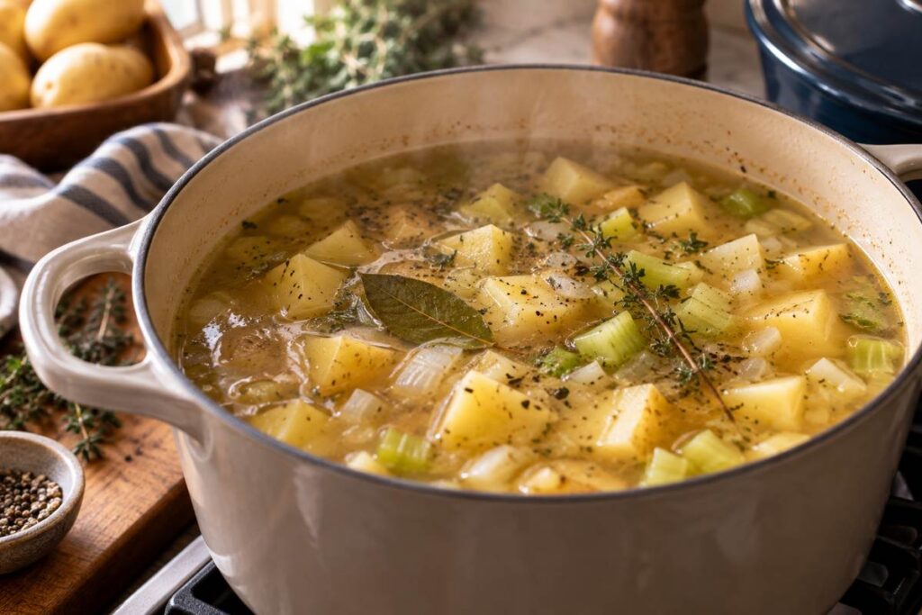 Clam Chowder Recipes: Creamy New England-Style Chowder 6 Diced potatoes simmering in clam broth with herbs for creamy clam chowder