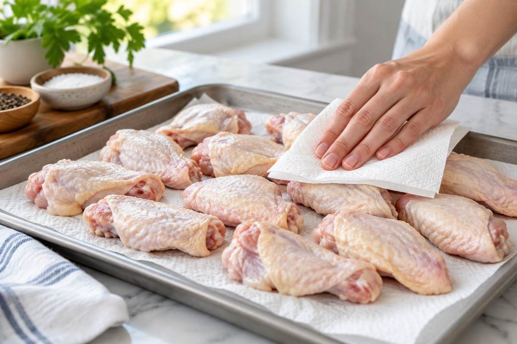 Easy Air Fryer Chicken Wings: Crispy, Juicy & Ready Fast 2 Raw chicken wings being patted dry with paper towels before air frying - Easy Air Fryer Chicken Wings