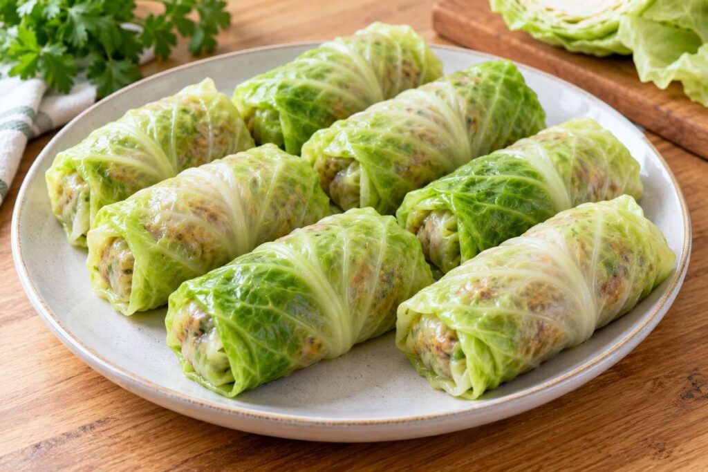 Cabbage Dumplings Recipe: Easy Steamed Ground Beef Cabbage Dumplings 6 Rolled cabbage dumplings arranged seam side down and ready for steaming