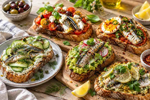 A variety of sardine toast recipes including avocado, tomato, egg and cucumber toppings