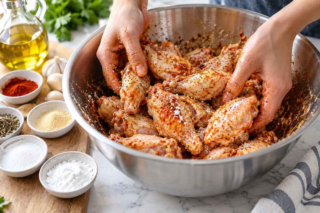 Easy Air Fryer Chicken Wings: Crispy, Juicy & Ready Fast 3 Chicken wings tossed with paprika garlic powder onion powder and seasoning in a mixing bowl