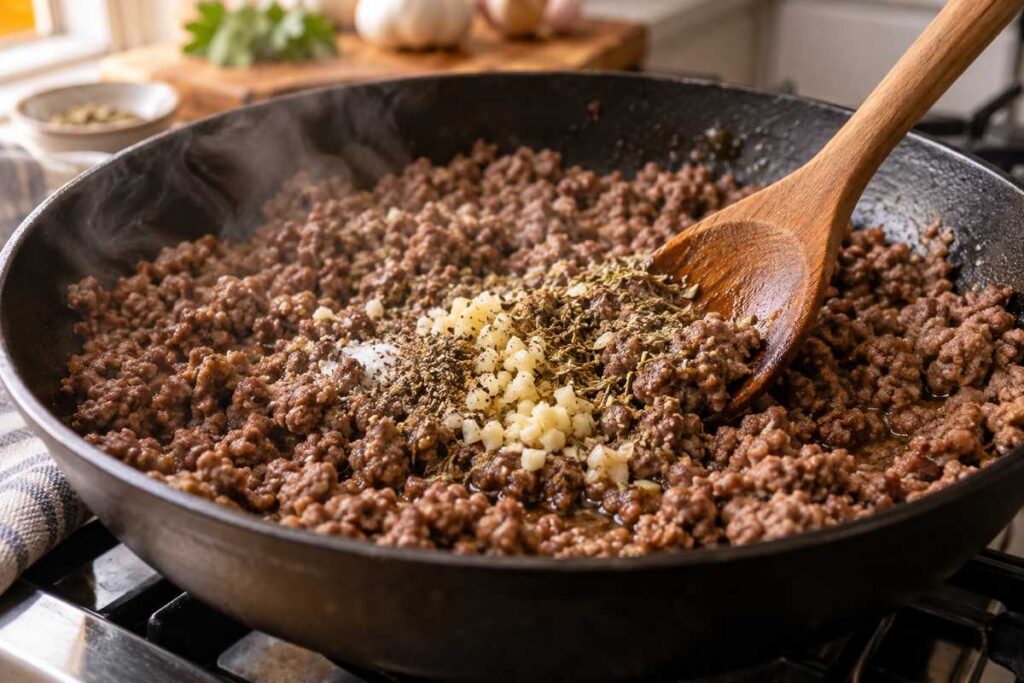 Stuffed Peppers With Ground Beef: Easy Oven-Baked Dinner Recipe 5 Garlic Italian seasoning salt and pepper added to browned ground beef for stuffed peppers