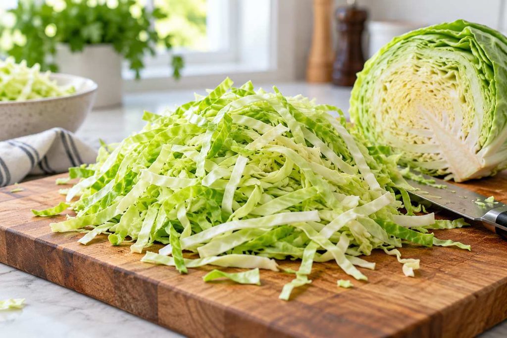 Cabbage Alfredo: Creamy Garlic Parmesan Cabbage Skillet 2 Thinly sliced green cabbage ribbons on a wooden cutting board for Cabbage Alfredo