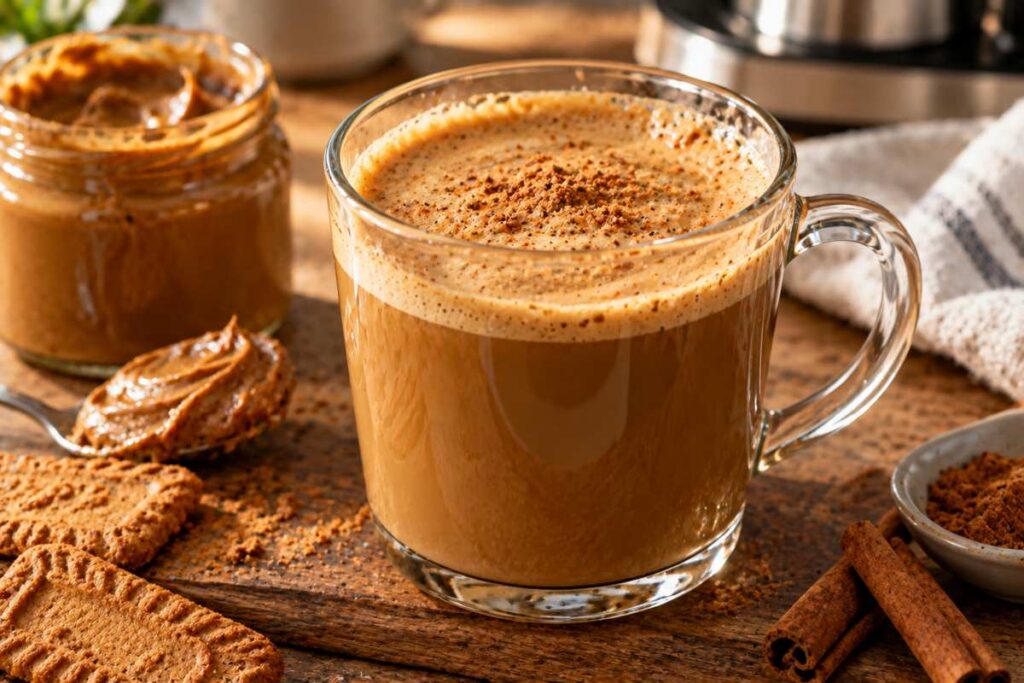 Biscoff Latte Recipe: Easy Hot or Iced Coffeehouse-Style Latte 4 Smooth Biscoff espresso mixture with cinnamon nearby