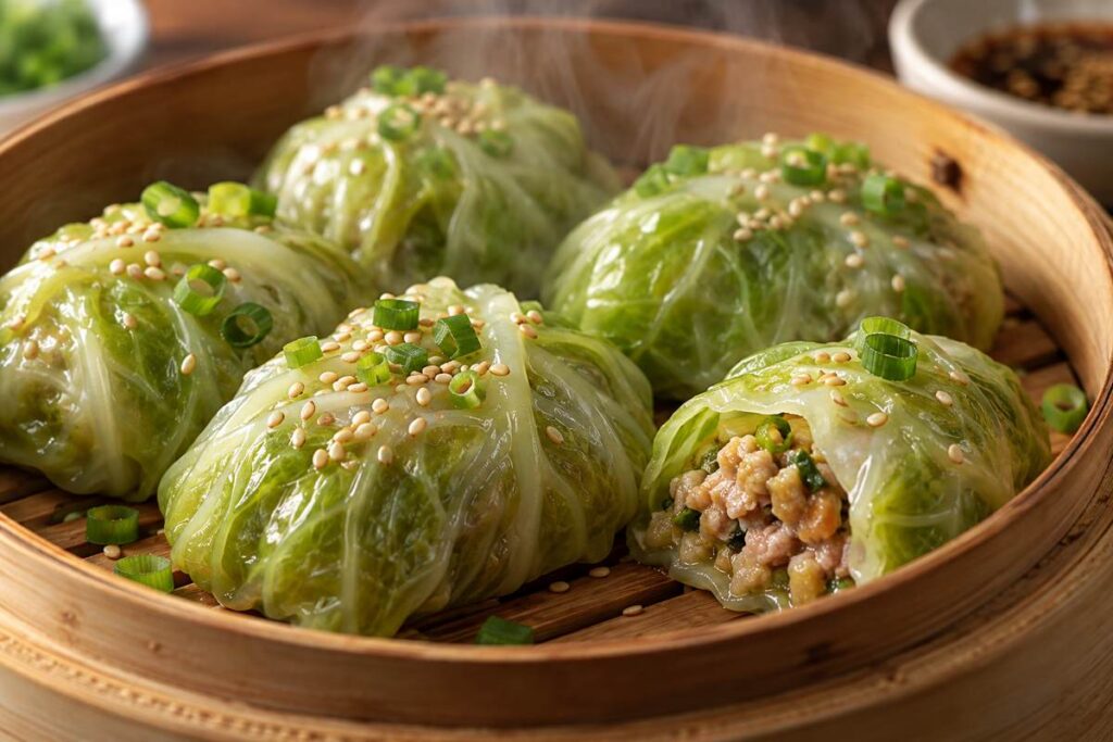 Cabbage Dumplings Recipe: Easy Steamed Ground Beef Cabbage Dumplings 8 Fresh steamed cabbage dumplings with tender green wrappers and ground beef filling - Cabbage Dumplings Recipe