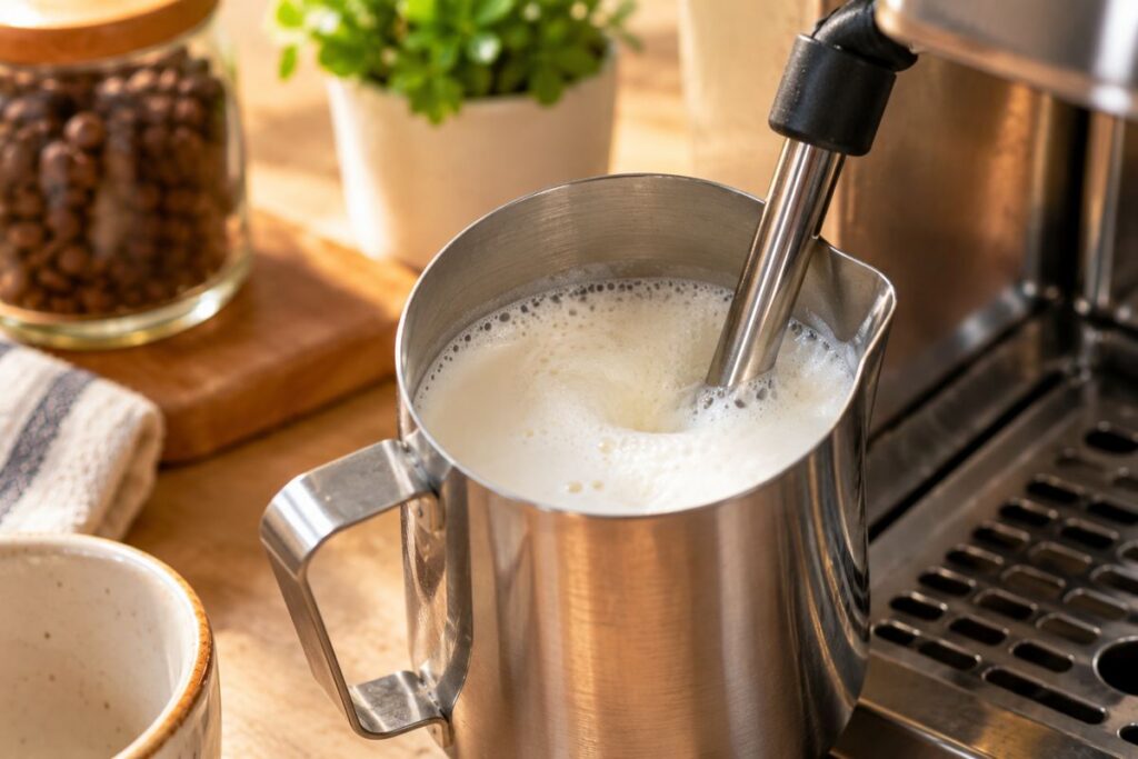 Biscoff Latte Recipe: Easy Hot or Iced Coffeehouse-Style Latte 5 Steamed milk being frothed for a homemade Biscoff latte
