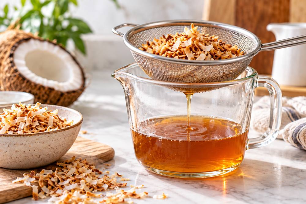 Coconut Syrup for Coffee: Easy Homemade Recipe 4 Straining homemade coconut syrup through a fine mesh sieve