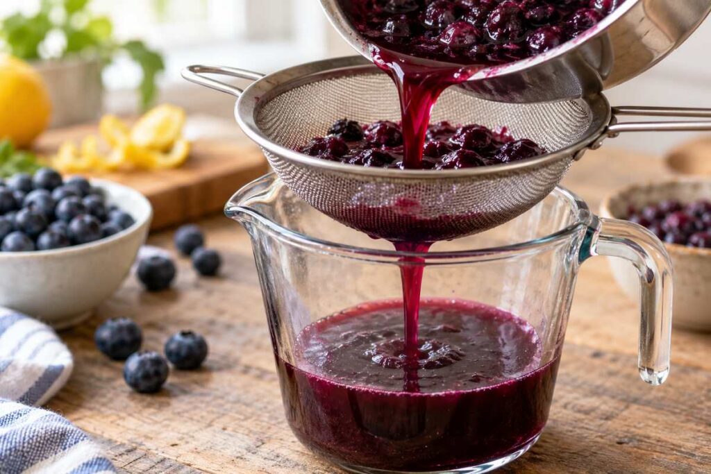 Blueberry Coffee Recipe: Easy Iced Blueberry Latte With Homemade Syrup 4 Deep purple blueberry syrup being strained through a fine mesh sieve