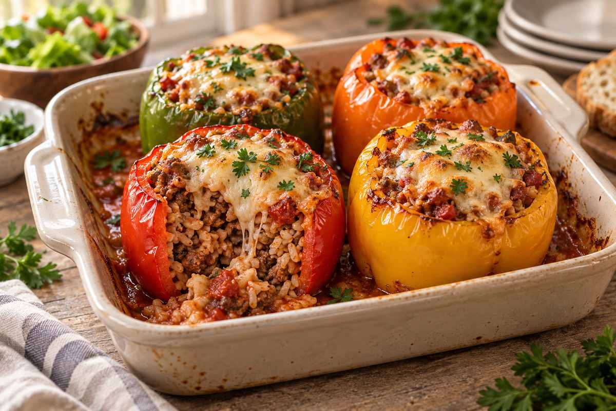 Stuffed peppers with ground beef rice tomato sauce and melted cheese baked in the oven