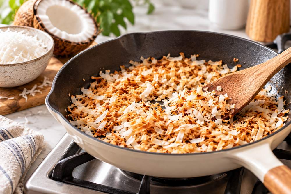 Coconut Syrup for Coffee: Easy Homemade Recipe 2 Toasting shredded coconut in a skillet for coconut syrup for coffee