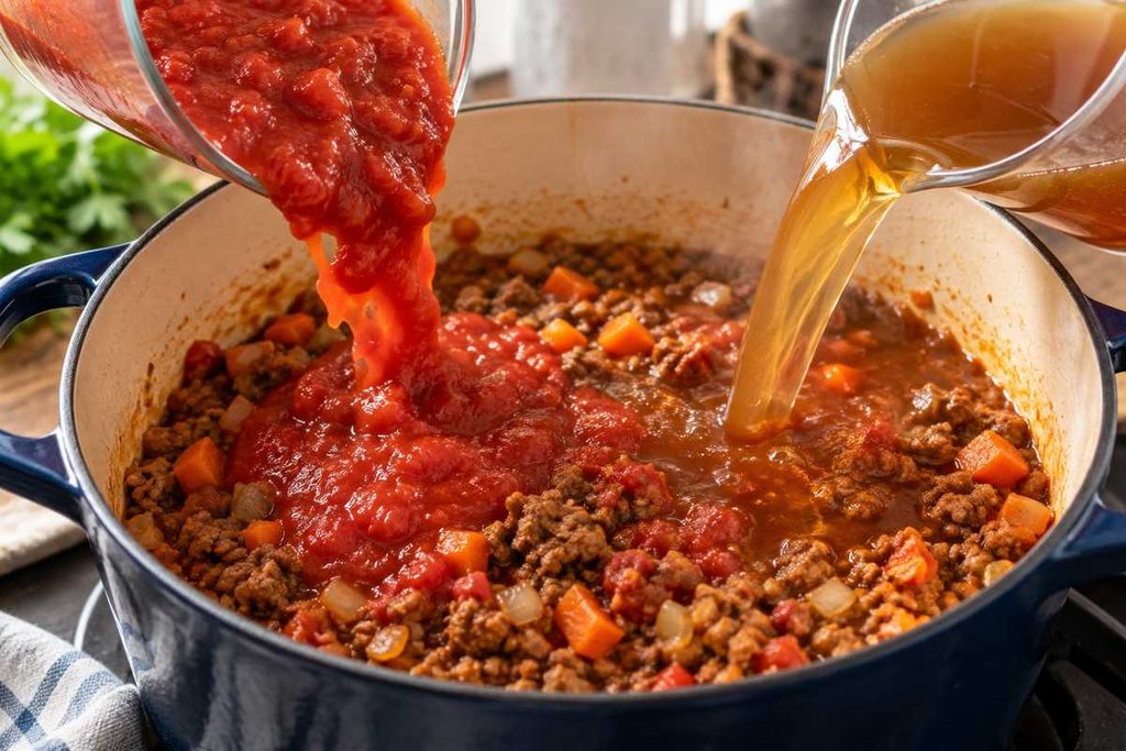 Golumpki Soup Recipe: Easy Stuffed Cabbage Roll Soup 5 Crushed tomatoes and beef broth being added to the Golumpki soup base