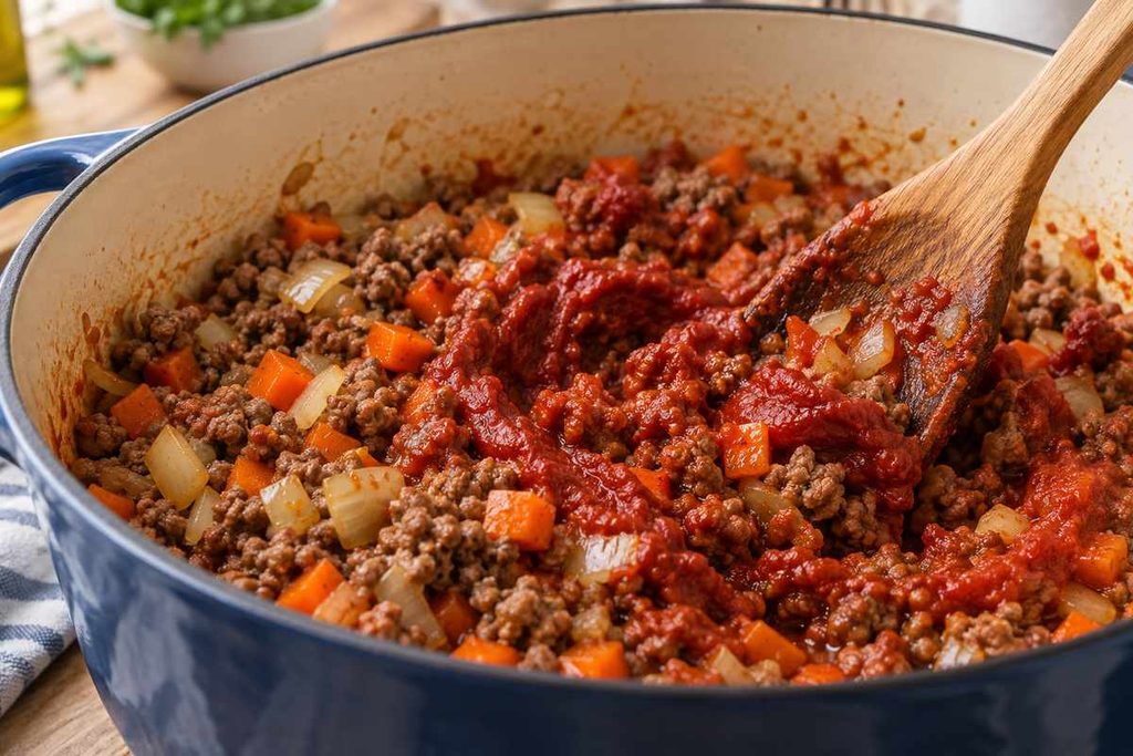 Golumpki Soup Recipe: Easy Stuffed Cabbage Roll Soup 4 Tomato paste being stirred into ground beef onions and carrots for Golumpki soup