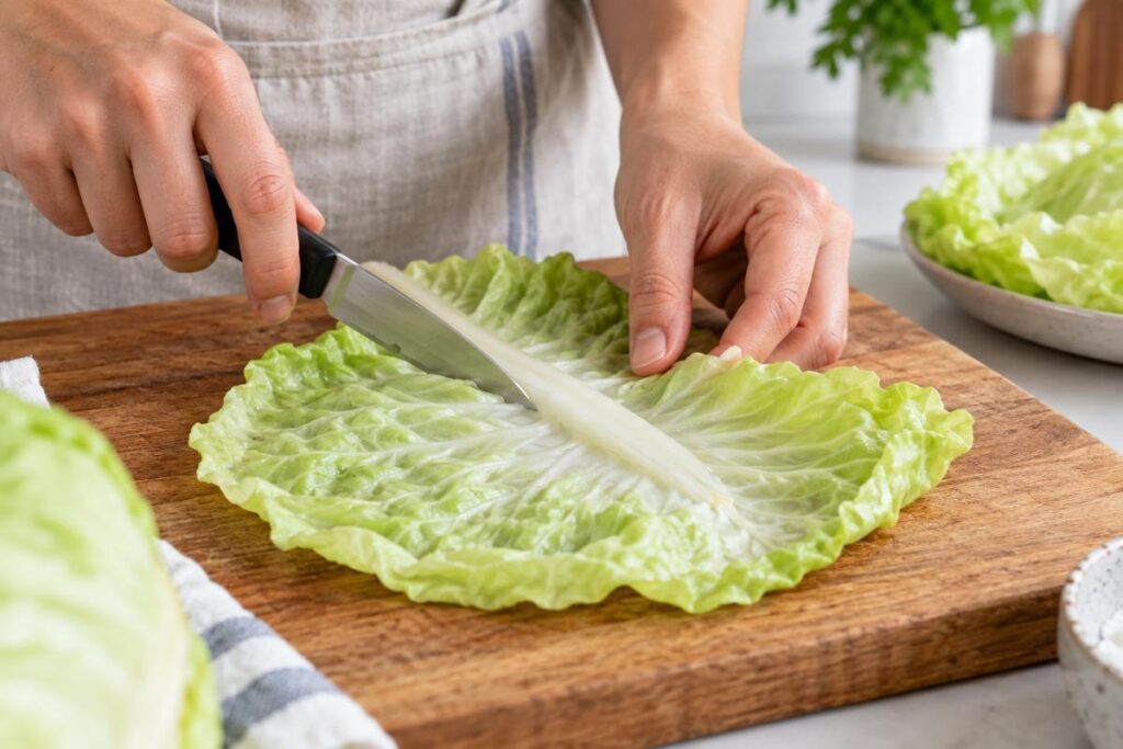 Cabbage Dumplings Recipe: Easy Steamed Ground Beef Cabbage Dumplings 3 Softened cabbage leaf with thick center rib being trimmed before wrapping dumplings
