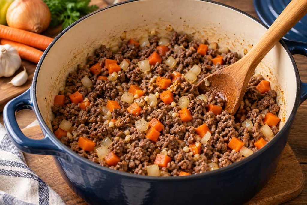 Golumpki Soup Recipe: Easy Stuffed Cabbage Roll Soup 3 Onion carrots and garlic cooking with browned ground beef for Golumpki soup
