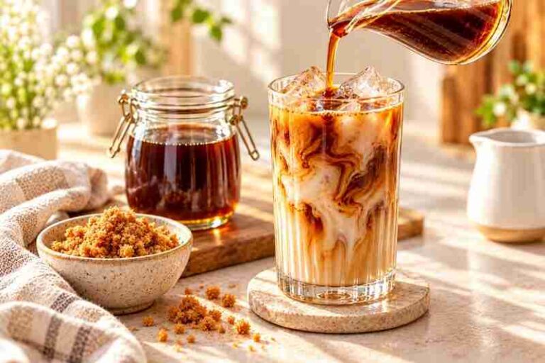 Brown sugar syrup for coffee poured into a sunlit iced latte