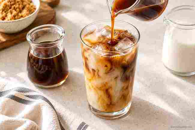 Brown Sugar Syrup for Coffee: Easy Homemade Recipe 7 Brown sugar syrup being poured into an iced coffee latte with milk