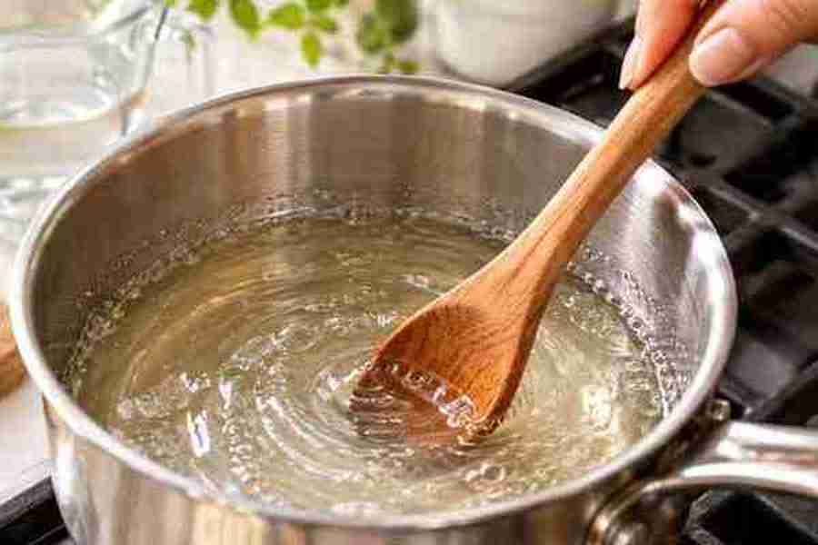 Caramel Syrup for Coffee: Easy Homemade Recipe 3 Sugar and water heating in a saucepan for homemade caramel syrup