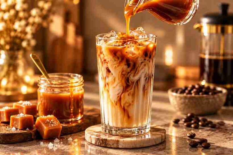 Caramel syrup for coffee poured over an iced caramel latte