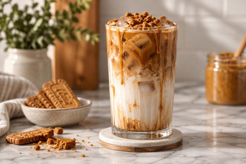 Biscoff Latte Recipe: Easy Hot or Iced Coffeehouse-Style Latte 7 Iced Biscoff latte with visible espresso milk layers and ice