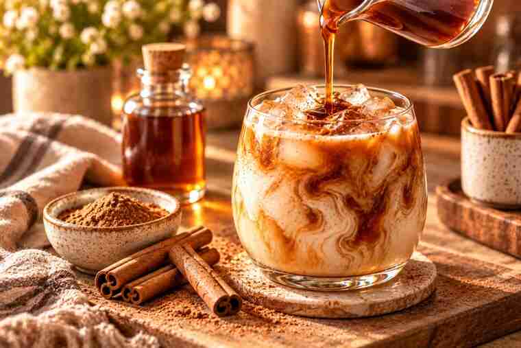 Cinnamon dolce syrup poured into an iced cinnamon latte