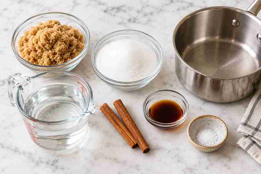Cinnamon Dolce Syrup: Easy Homemade Coffee Syrup 2 Cinnamon dolce syrup ingredients with brown sugar, white sugar, water, cinnamon sticks, vanilla, and salt