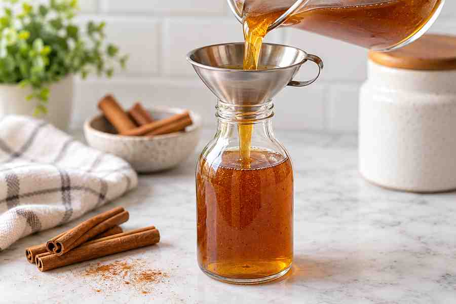 Cinnamon Dolce Syrup: Easy Homemade Coffee Syrup 6 Homemade cinnamon dolce syrup being poured into a glass bottle