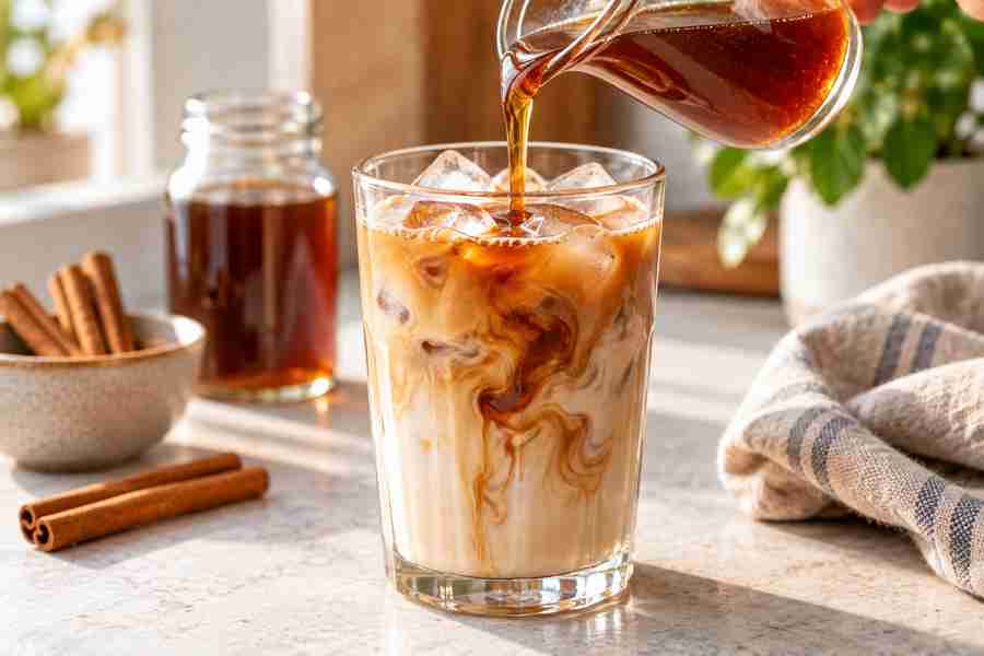 Cinnamon Dolce Syrup: Easy Homemade Coffee Syrup 7 Cinnamon dolce syrup being poured into an iced latte - Cinnamon Dolce Syrup