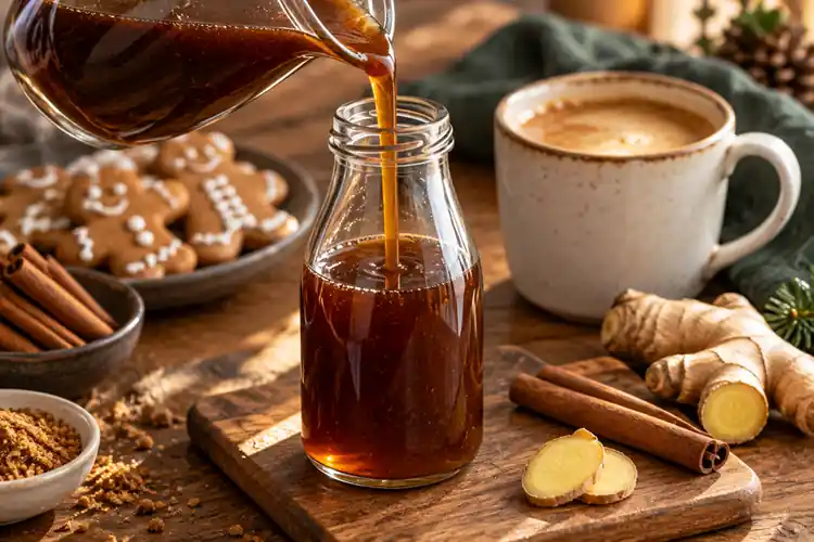 Gingerbread Syrup for Coffee: Easy Homemade Recipe 4 Finished homemade gingerbread syrup being poured into a glass bottle beside coffee