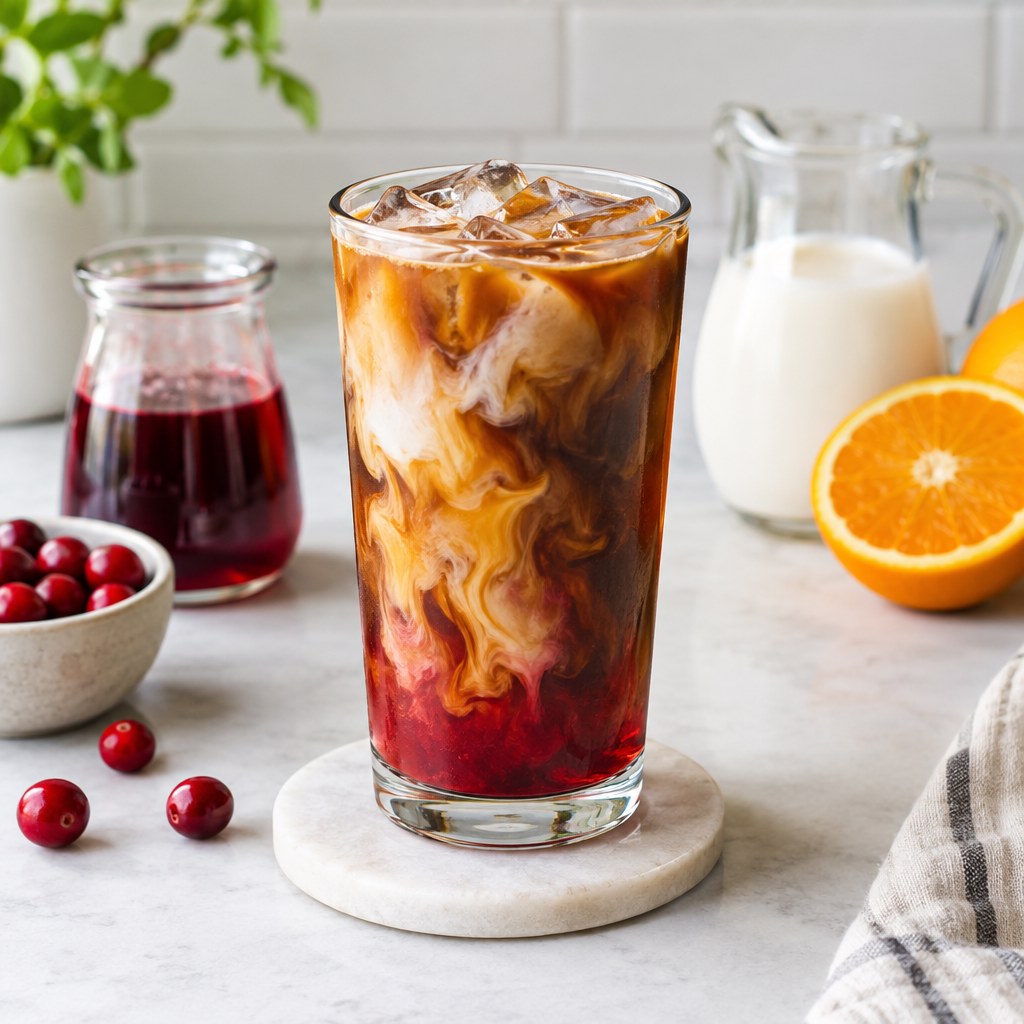 Cranberry Coffee Recipe: Easy Iced Cranberry Coffee 2 Iced cranberry coffee being assembled with cranberry syrup and espresso