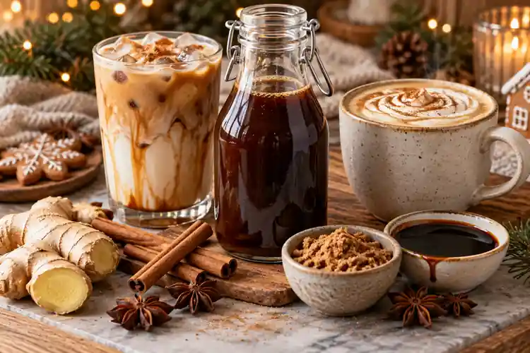Homemade gingerbread syrup for coffee with iced latte and warm holiday spices