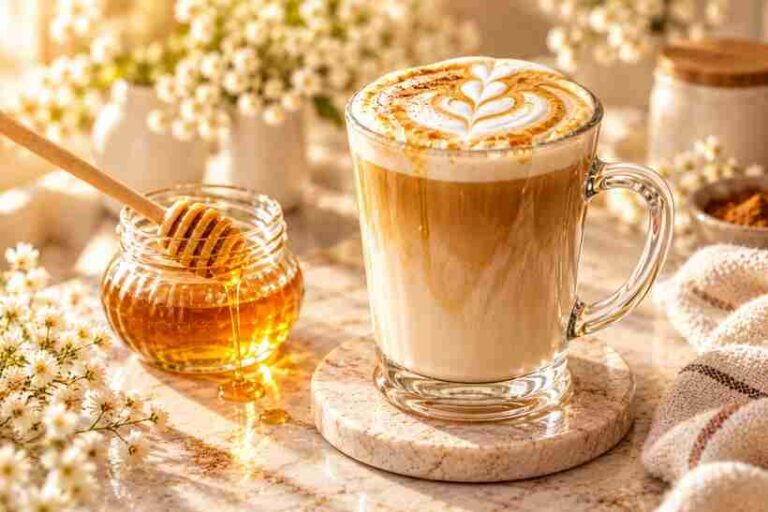 Golden honey latte with honey and creamy coffee foam