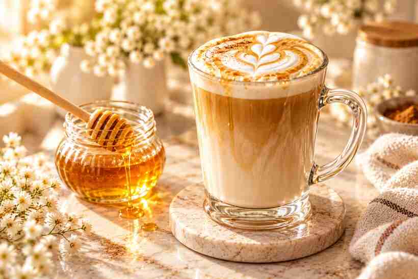 Golden honey latte with honey and creamy coffee foam
