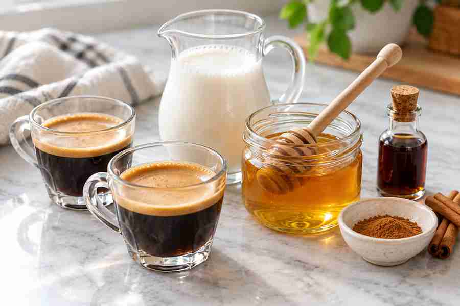 Honey Latte Recipe: Easy Hot or Iced Coffee 2 Honey latte ingredients with espresso, honey, milk, vanilla extract, and cinnamon - Honey Latte Recipe