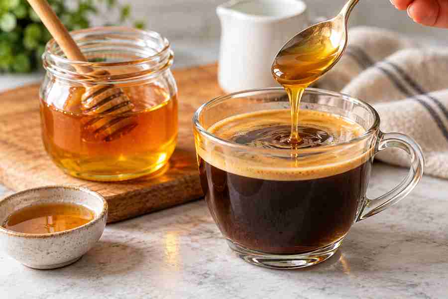 Honey Latte Recipe: Easy Hot or Iced Coffee 3 Golden honey being stirred into hot espresso for a honey latte