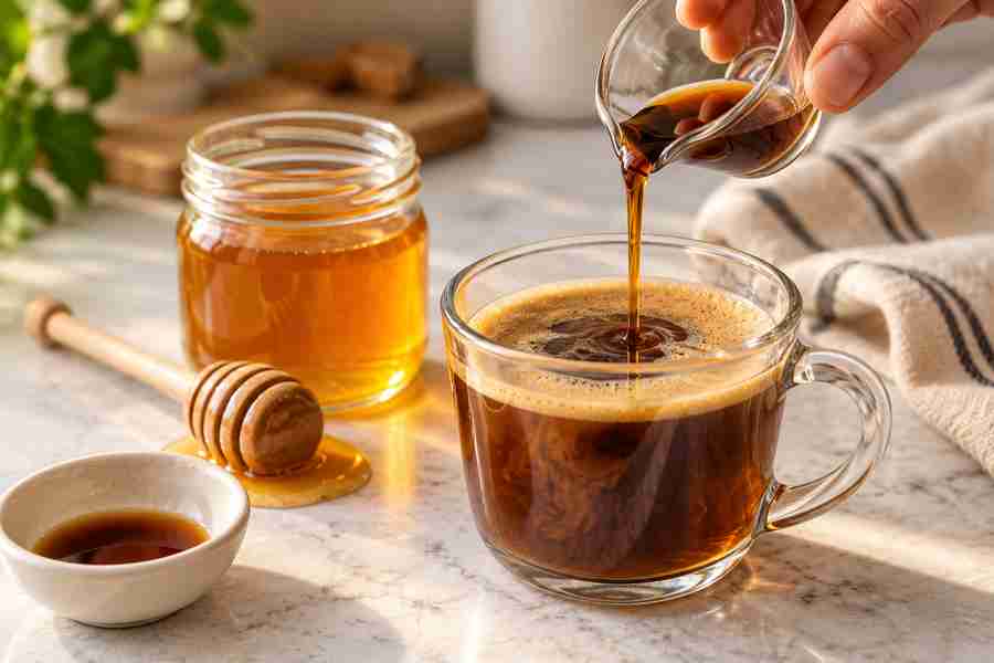 Honey Latte Recipe: Easy Hot or Iced Coffee 4 Vanilla extract being added to honey-sweetened espresso