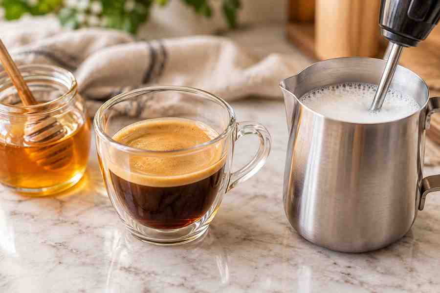 Honey Latte Recipe: Easy Hot or Iced Coffee 5 Milk being frothed for a hot honey latte
