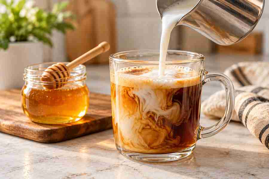 Honey Latte Recipe: Easy Hot or Iced Coffee 6 Steamed milk being poured into honey-sweetened espresso