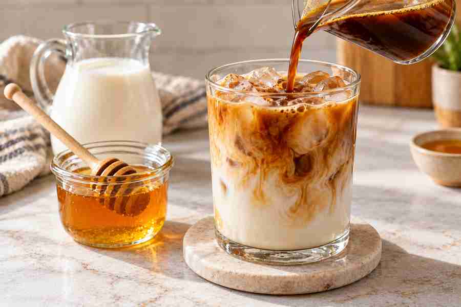 Honey Latte Recipe: Easy Hot or Iced Coffee 7 Honey-sweetened espresso being poured over ice and milk for an iced honey latte