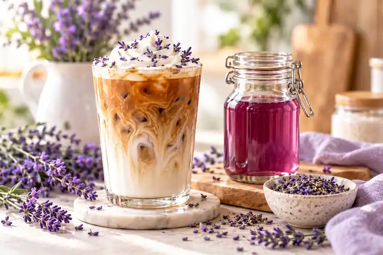 Iced coffee with homemade lavender syrup for coffee and dried lavender garnish - Lavender Syrup for Coffee