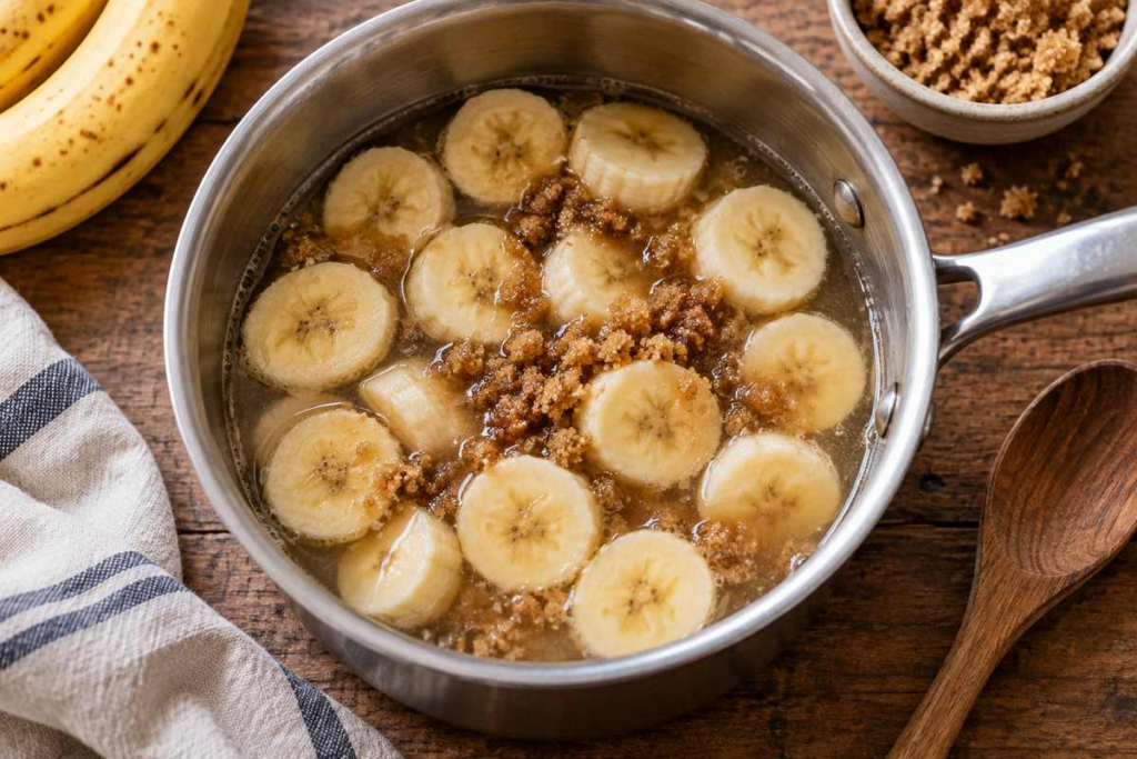 Banana Syrup Recipe for Coffee 3 Banana slices combined with brown sugar and water in a saucepan