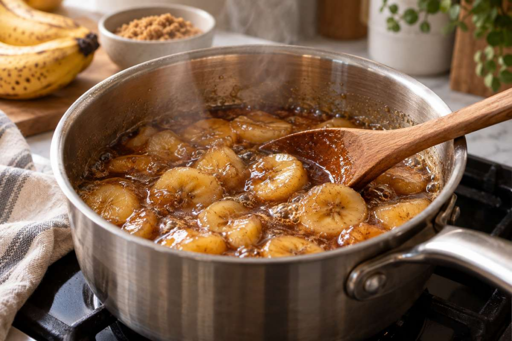 Banana Syrup Recipe for Coffee 4 Banana syrup gently simmering in a saucepan