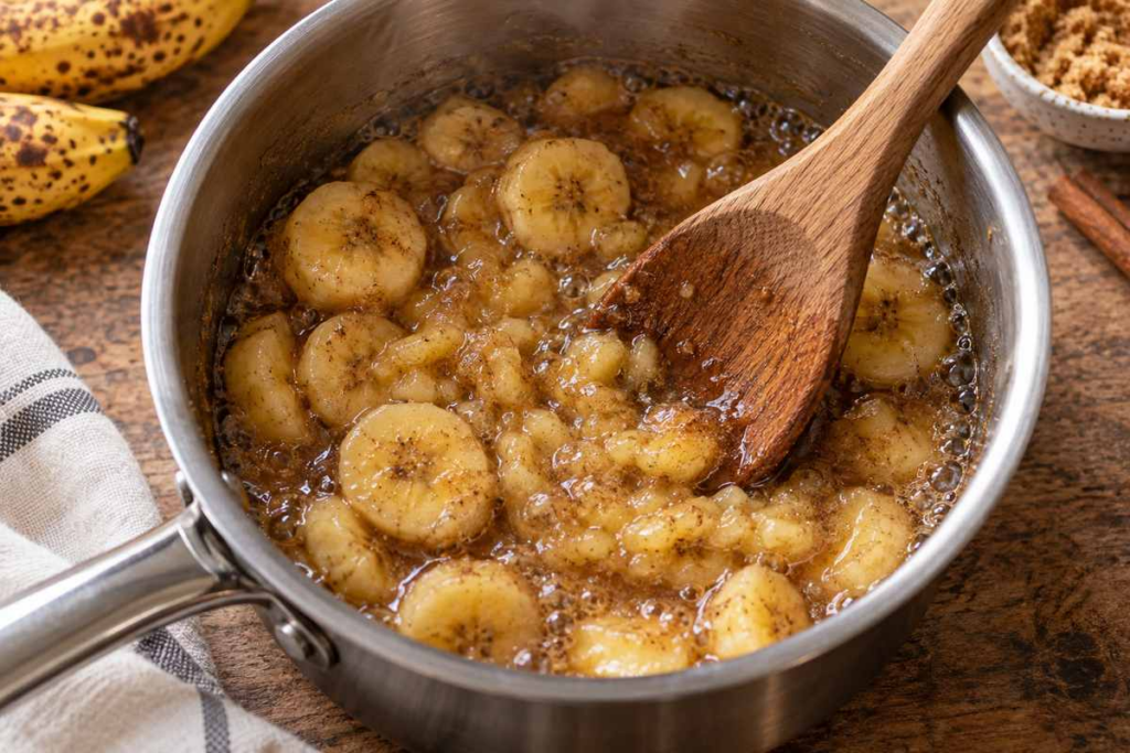 Banana Syrup Recipe for Coffee 5 Softened banana pieces being lightly mashed for syrup